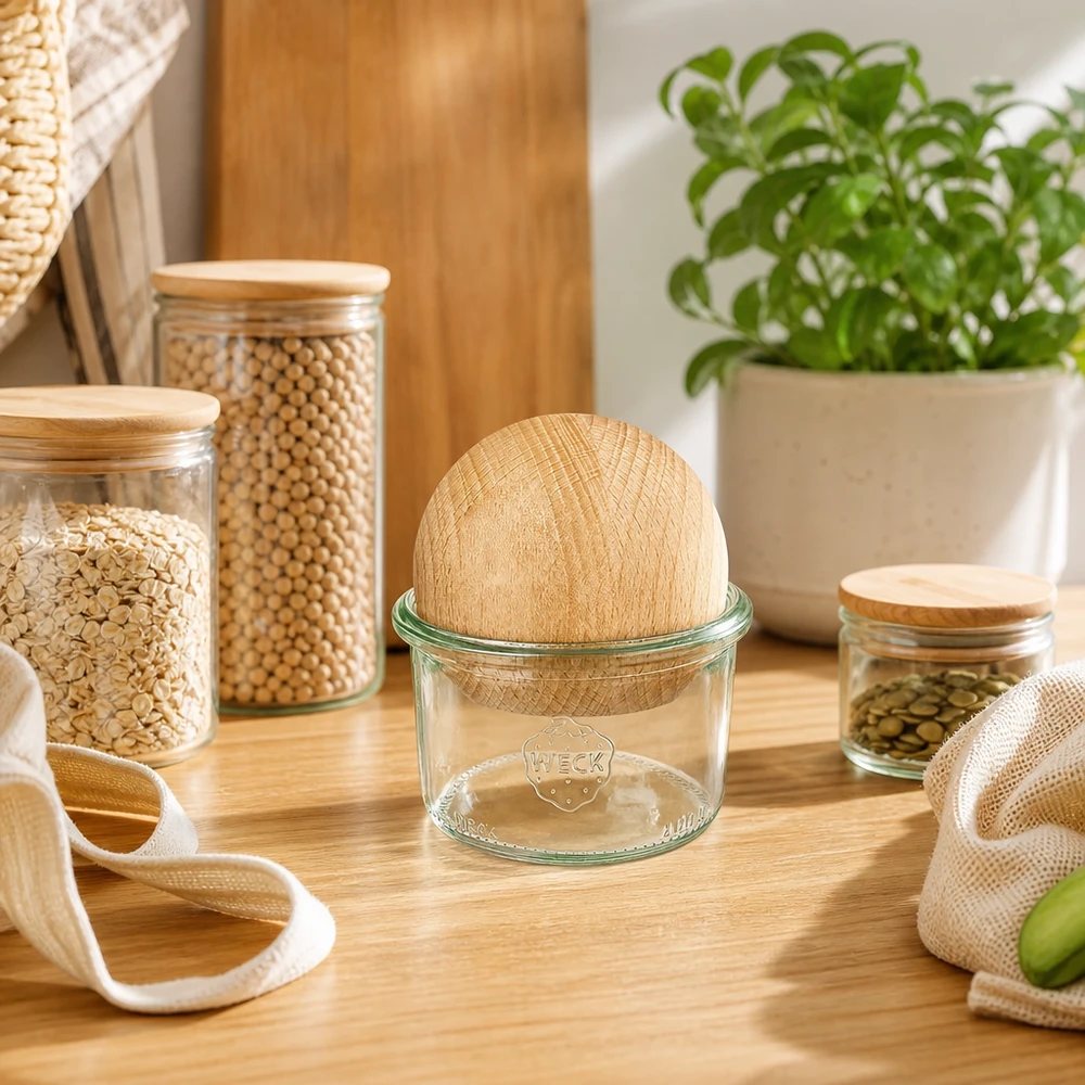 200ml Sturzglas WECK RR80 mit Holzkugel Buche WECK Sturzglas 200ml RR80 mit Holzkugel Buche in Zero-Waste Küche, umgeben von nachhaltigen Vorratsgläsern und Stoffbeut