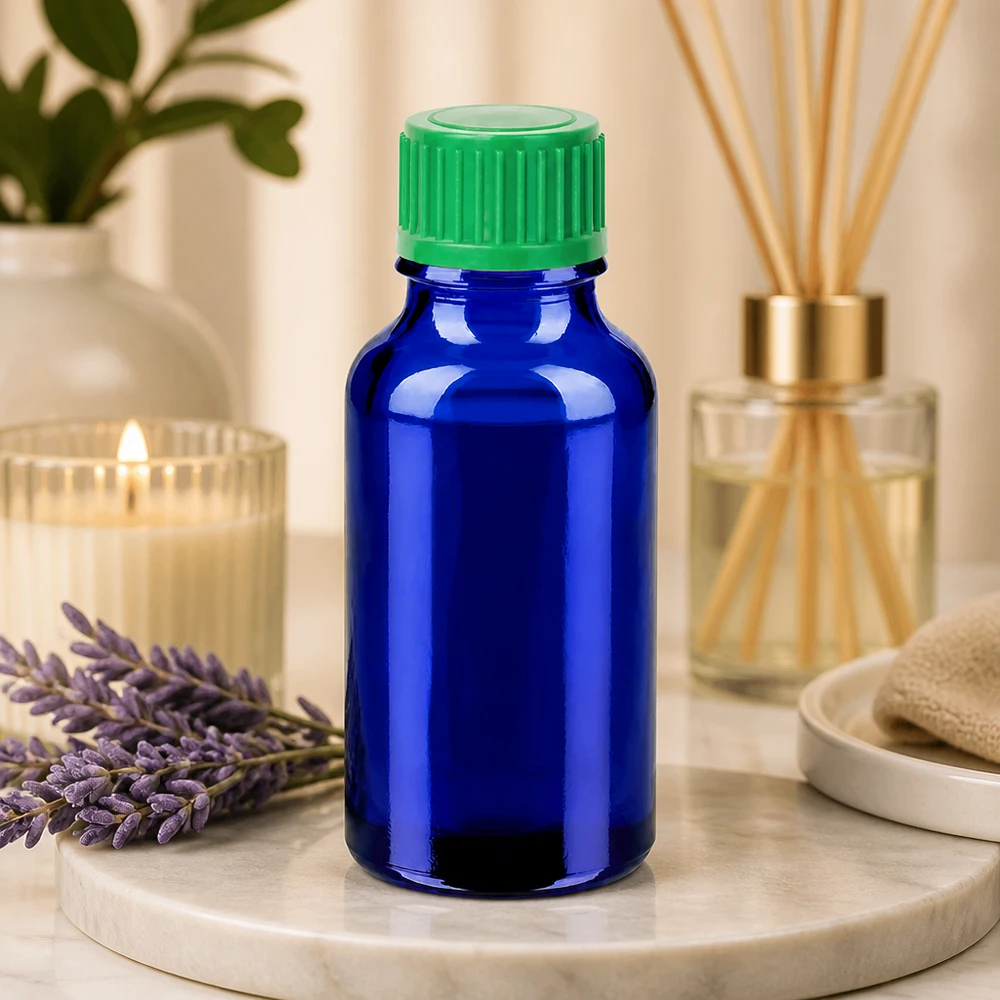 Flacone in vetro blu da 20 ml con protezione UV e tappo contagocce verde per sostanze sensibili alla luce