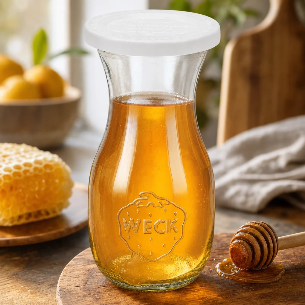 Bottiglia per succhi da 290 ml con tappo salva-freschezza WECK RR60 Bottiglia di succo WECK da 290 ml con coperchio RR60 fresh riempita di miele dorato accanto a un cucchiaio e a un favo di miele