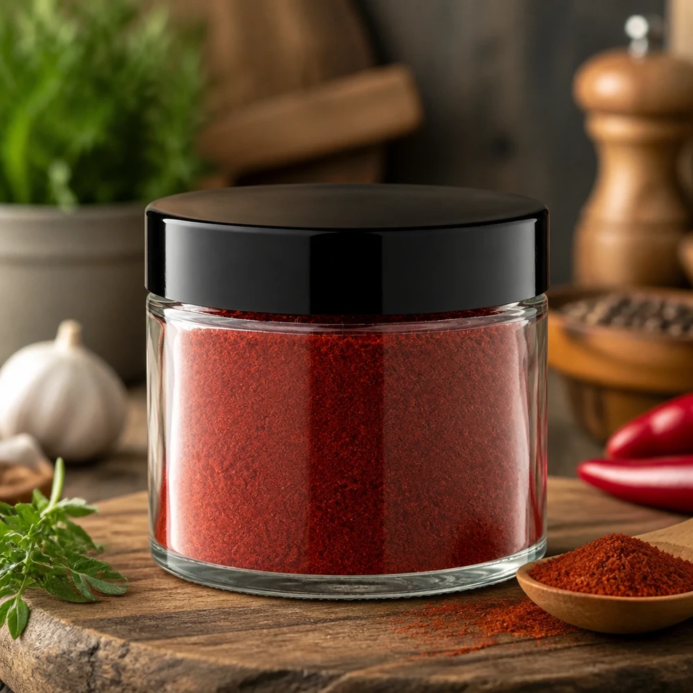 Idea per le spezie: barattolo in vetro trasparente da 30 ml con tappo a vite Vasetto di vetro trasparente da 30 ml per spezie con peperoncino rosso in polvere in un ambiente da cucina rustico