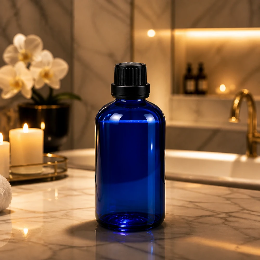 Flacon de pharmacie bleu 100ml bouchon inviolabilité 2mm noir Flacon compte-gouttes bleu ApoGlas de 100 ml avec bouchon d'inviolabilité noir, sur fond marbré