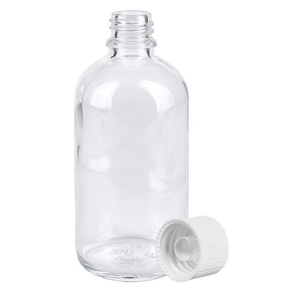 Bottiglia da 100ml 11mm SV bianco STD ClearLine UT18/100 Flacone da farmacia aperto da 100 ml in vetro trasparente con tappo di sicurezza bianco da 11 mm