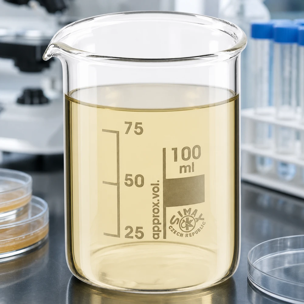 Becher 100ml in vetro borosilicato, forma bassa Bicchiere trasparente da 100 ml in vetro borosilicato con liquido giallo e graduazione precisa