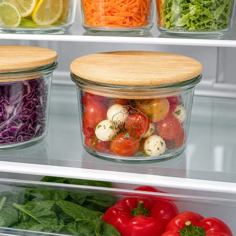Mini tumbler WECK RR40 da 35 ml con coperchio in legno WECK Mini Sturzglas 35ml mit Bambus Holzdeckel zur Aufbewahrung von Tomaten und Mozzarella im Kühlschrank organisiert