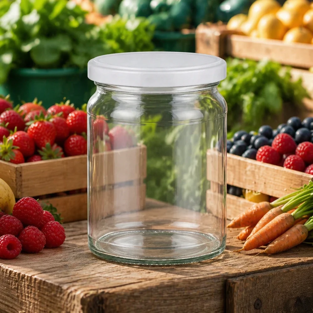 205ml Rundglas mit BasicSeal Deckel weiß UNiTWIST 205ml Rundglas UNiTWIST auf Holztisch mit frischen Früchten und Gemüse - ideal für Marmelade und Konserven