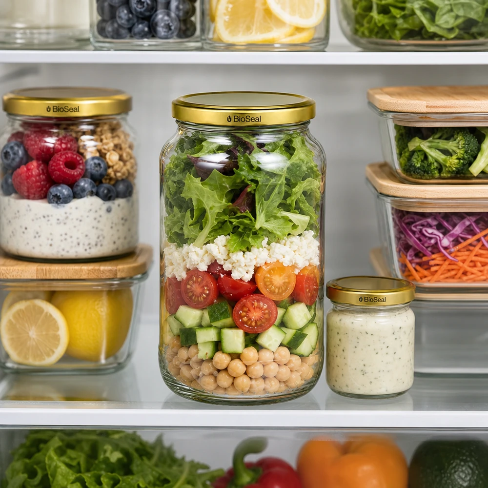 1062ml Rundglas mit BioSeal Deckel gold UNiTWIST UNiTWIST Runda1062 Meal Prep Kühlschrank Salat Schichtsalad TO82 BioSeal Golddeckel Vorratsglas Frischehaltung