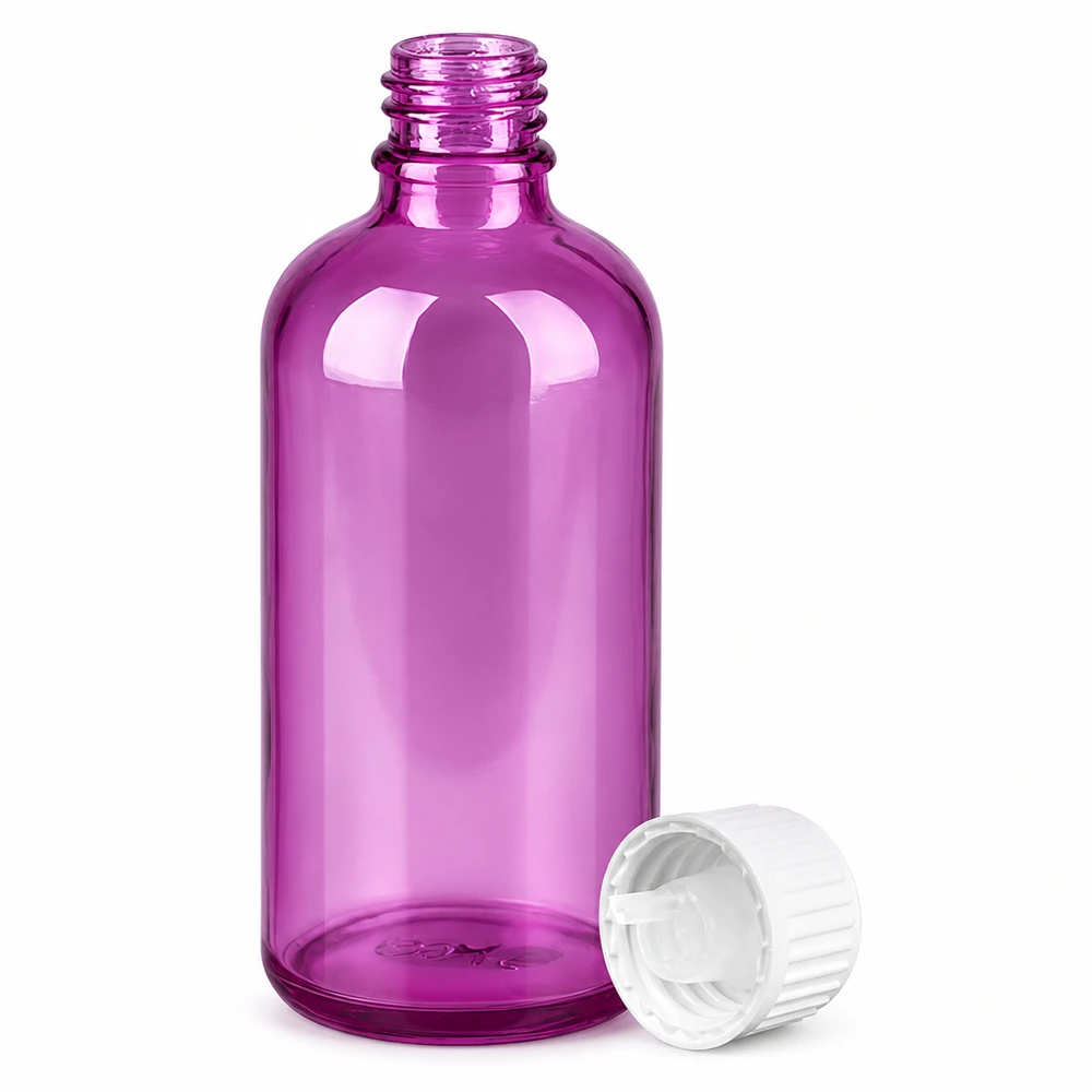 100ml Tropfflasche 0.9mm weiss Standard PurpleLine UT18/100 Elegante 100ml Flasche in Purple Line Design mit hygienischem weißem Tropfverschluss UT18 Gewinde