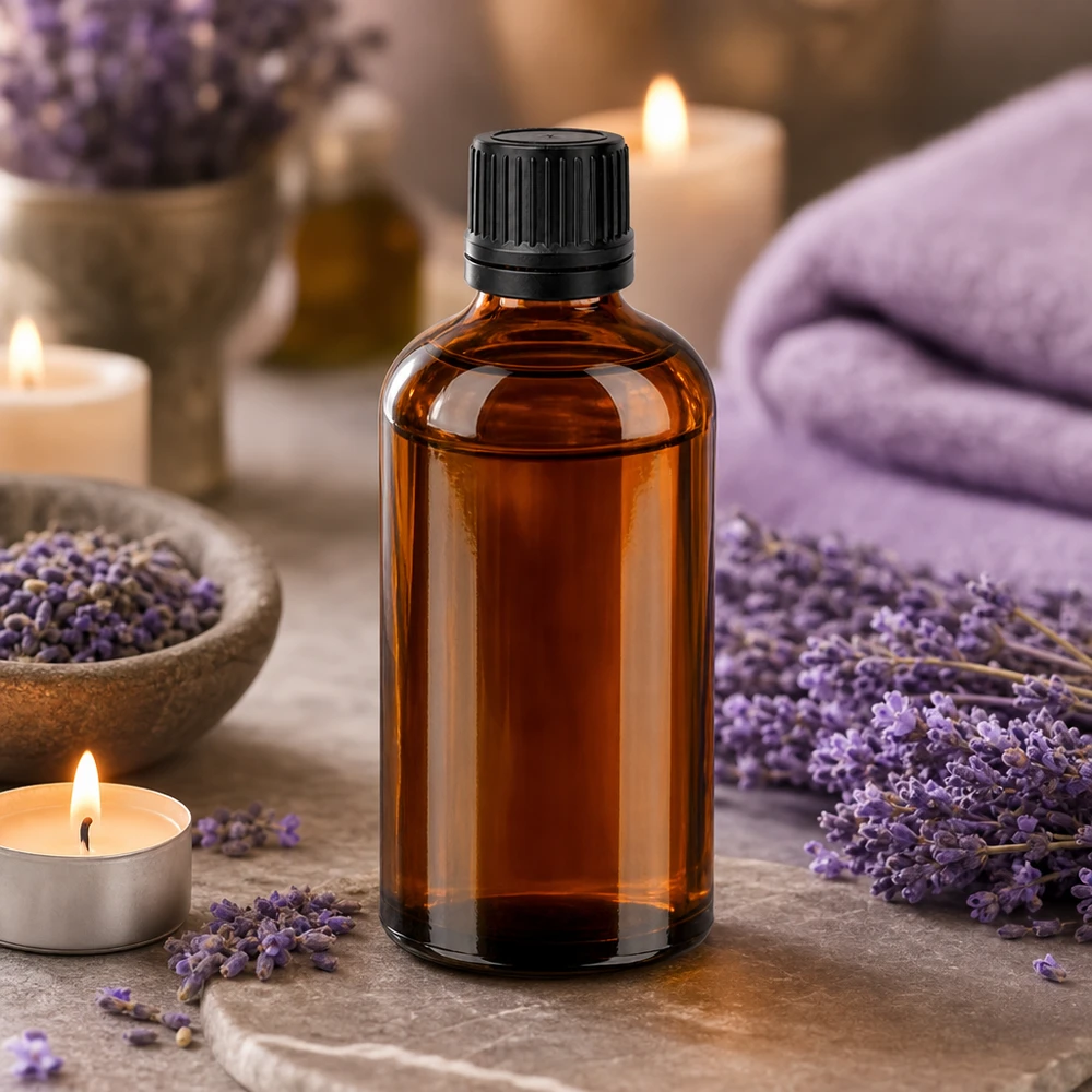 Bottiglia in vetro BrownLine da 100 ml con coperchio nero per conservare le essenze in modo sicuro