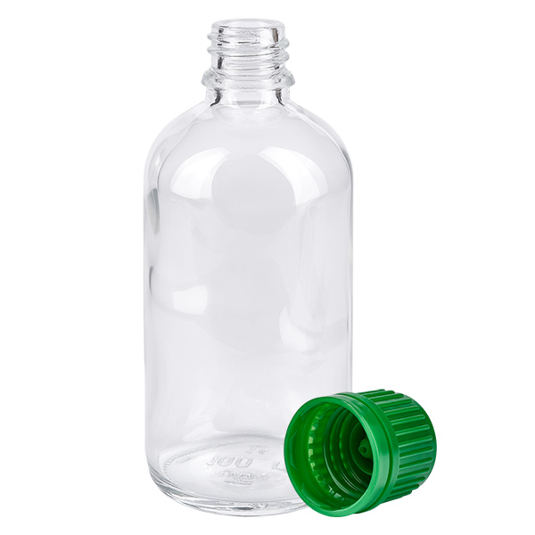 Bottiglia da 100ml 11mm SV verde OV ClearLine UT18/100 Flacone vuoto in vetro trasparente ClearLine da 100 ml con tappo a vite originale verde da 11 mm rimosso
