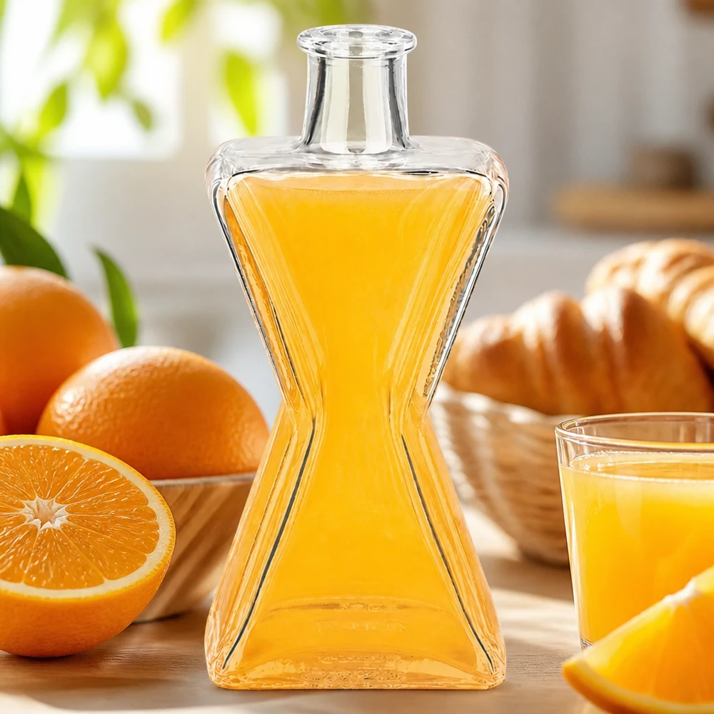 200ml Glasflasche "Star" ohne Verschluss UNiTWIST Glasflasche Star 200ml mit Orangensaft gefüllt neben frischen Orangen und Croissants auf Holztisch im Frühstücksambiente
