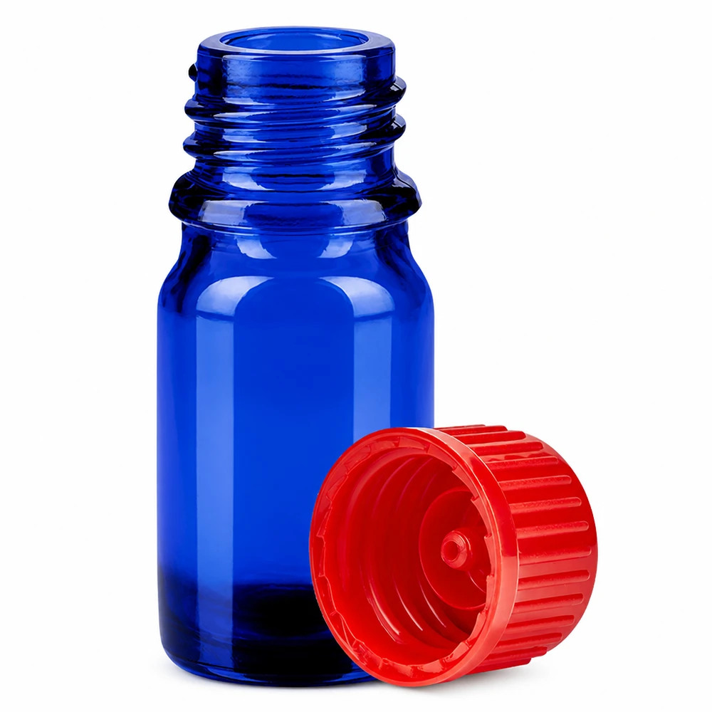 5ml Flasche 11mm Schraubverschluss rot Standard BlueLine UT18/5 Handliche 5ml Flasche aus blauem Borosilikatglas mit kindersicherem roten Verschluss