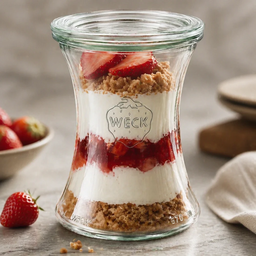 Vaso per salumi WECK 370ml RR80 come vaso da dessert con fragole e zuccherini mostra un elegante look a strati