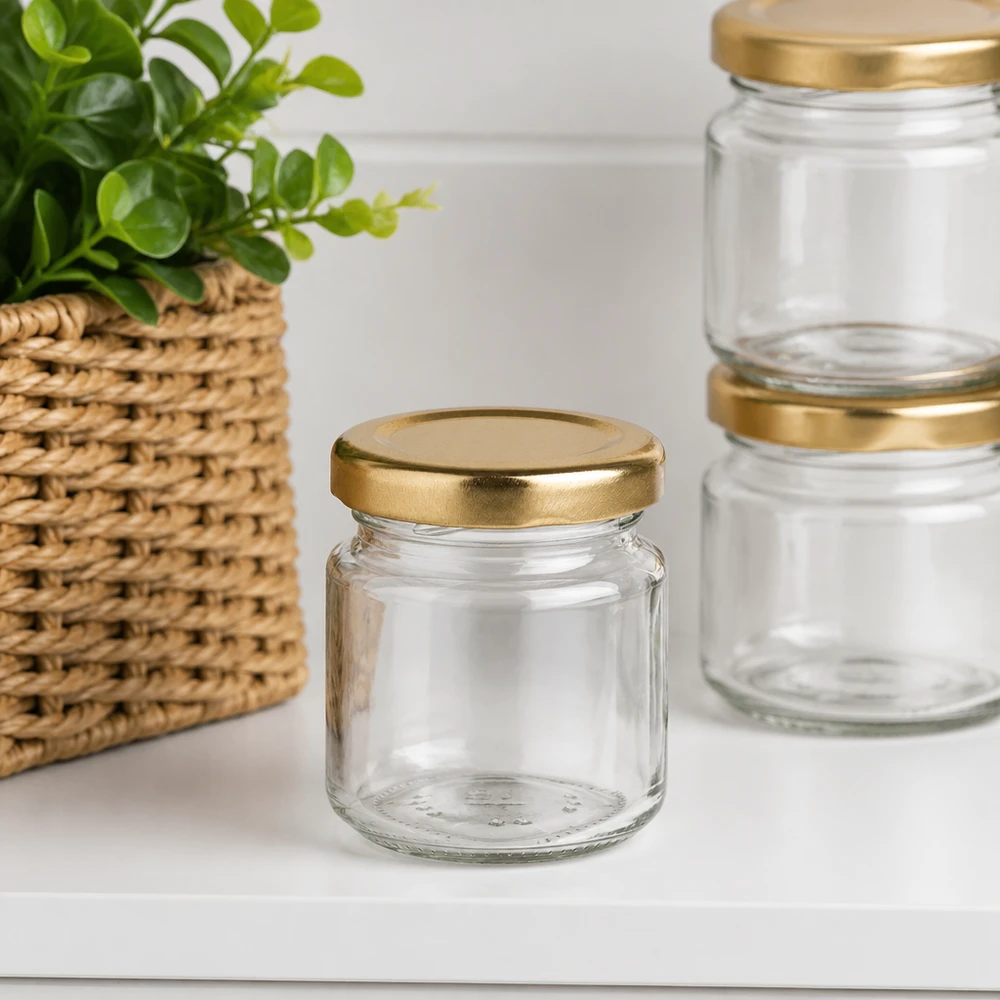 Barattolo rotondo da 53 ml con coperchio BasicSeal oro UNiTWIST Barattolo rotondo UNiTWIST da 53 ml vuoto con coperchio BasicSeal dorato in ambiente moderno con pianta
