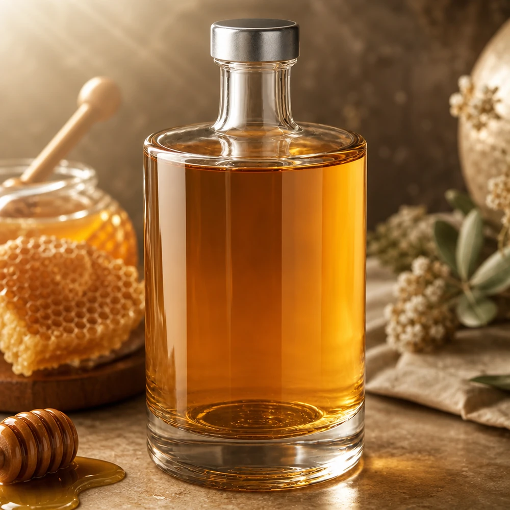 Bottiglia in vetro da 500 ml Sam e tappo a vite argento UNiTWIST® Bottiglia di vetro da 500 ml Sam riempita di miele accanto a nido d'ape e cucchiaio di miele Decorazione rustica per cucina Esempio di applicazione