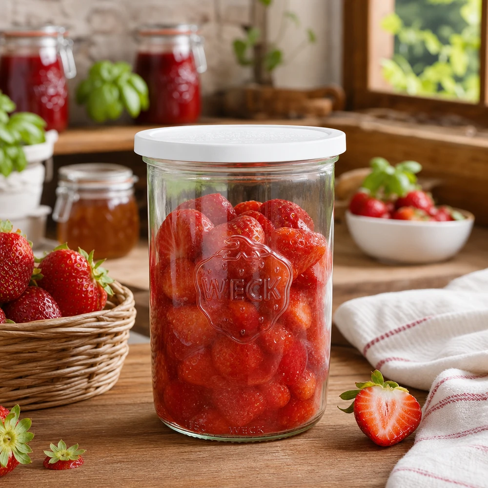 1000ml Sturzglas mit Frischedeckel WECK RR100 WECK Einmachglas 1000ml RR100 mit eingelegten Erdbeeren in rustikaler Küche mit frischen Früchten