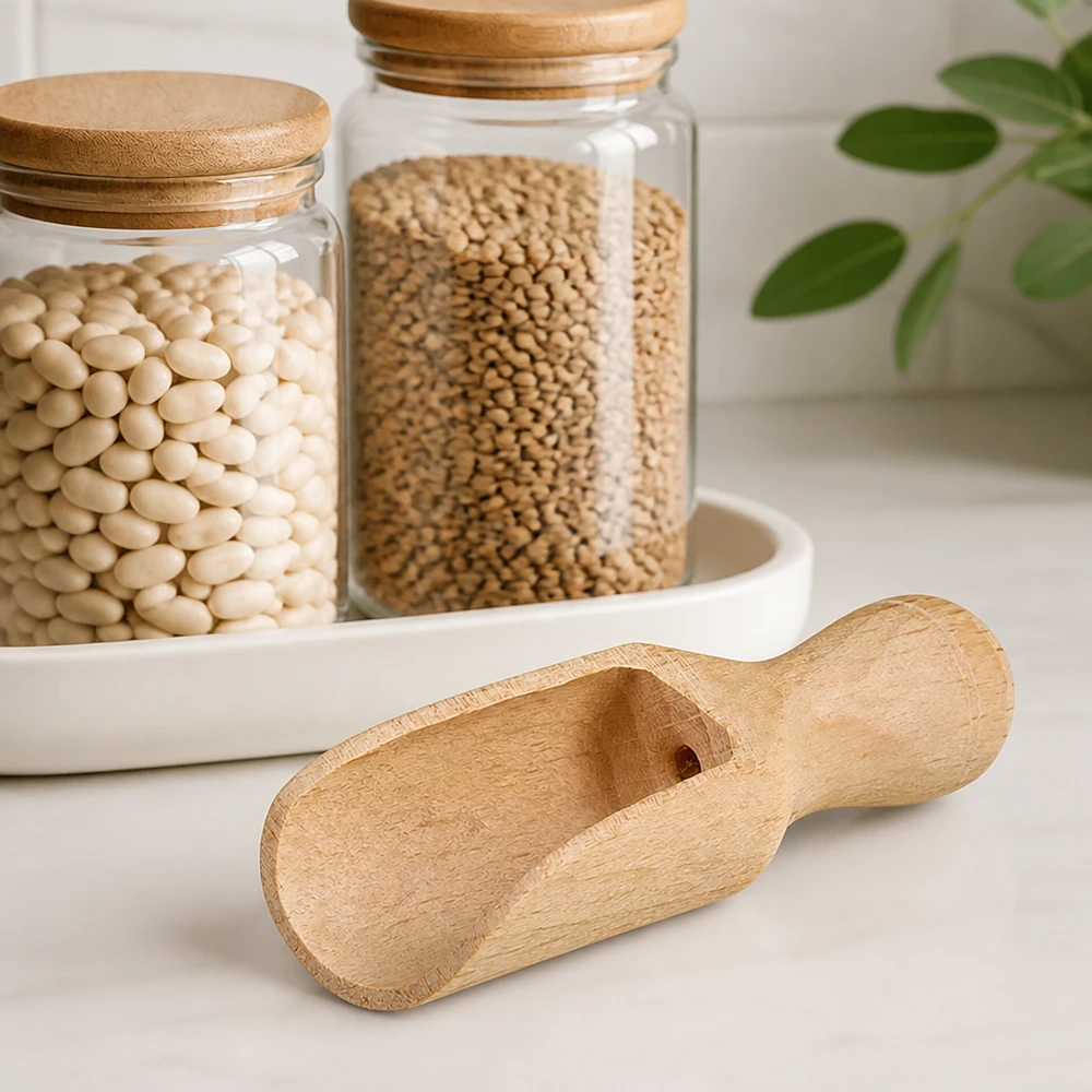 Pala di legno taglia XS a forma semicircolare lunga 5,2 cm Paletta di legno XS 5,2 cm accanto a vasetti con fagioli bianchi e coriandolo per una cucina e una conservazione delle spezie a spreco zero