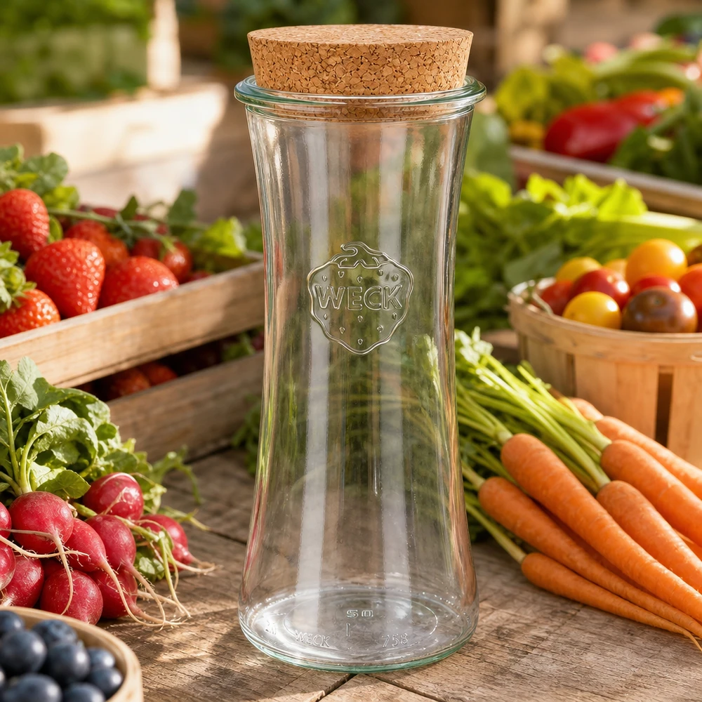 WECK RR80 vaso di stoccaggio 700ml vuoto con coperchio in sughero tra le verdure fresche carote ravanelli pomodori sulla bancarella del mercato