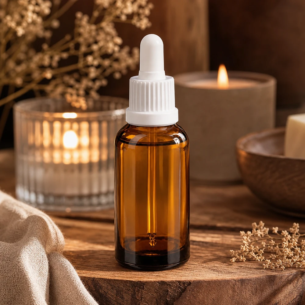 Bottiglia di vetro marrone da 30 ml con chiusura di sicurezza per bambini e tappo antigoccia per l'uso quotidiano