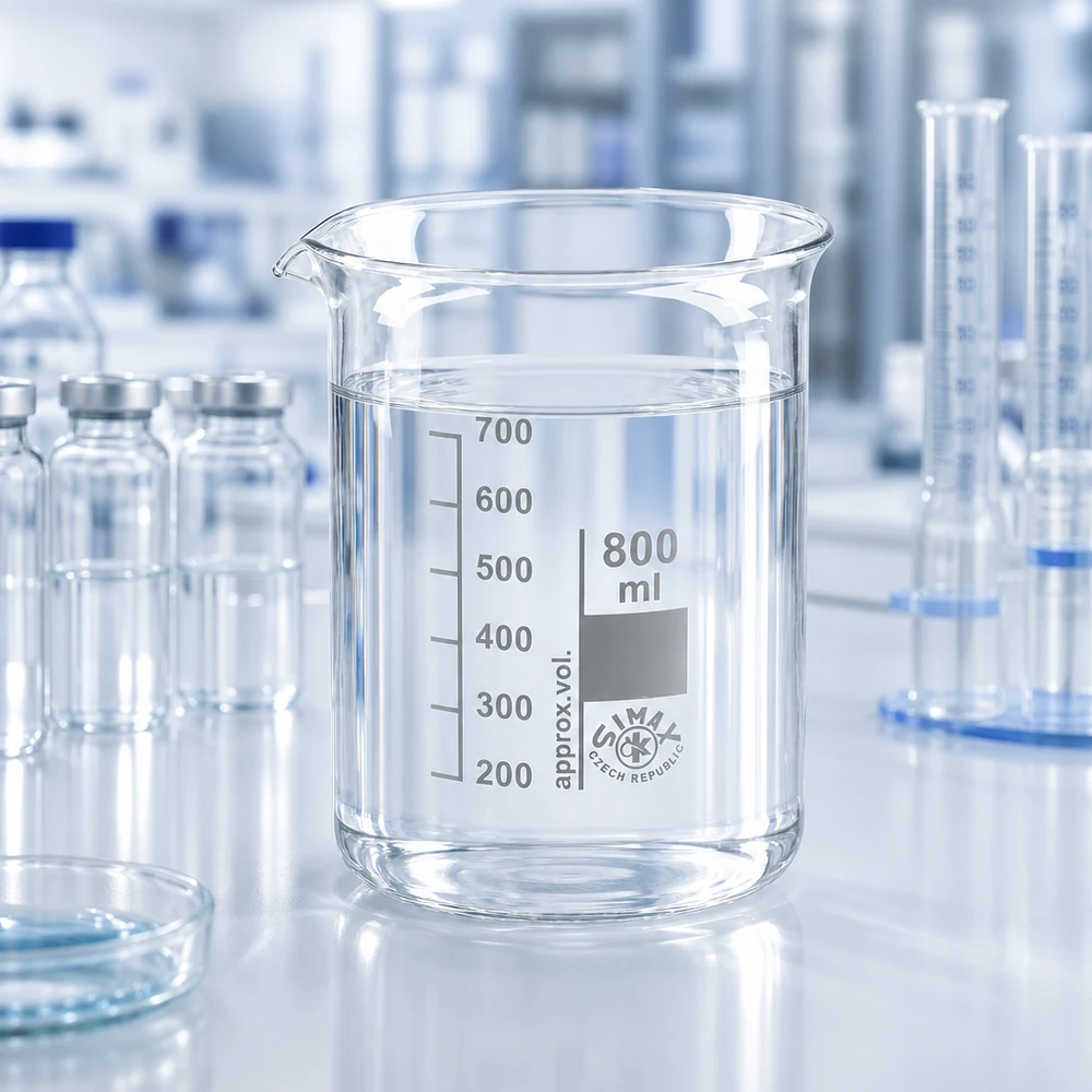 Bicchiere 800ml in vetro borosilicato, forma bassa Bicchiere professionale da laboratorio da 800 ml con design a basso profilo in vetro borosilicato resistente alle sostanze chimiche