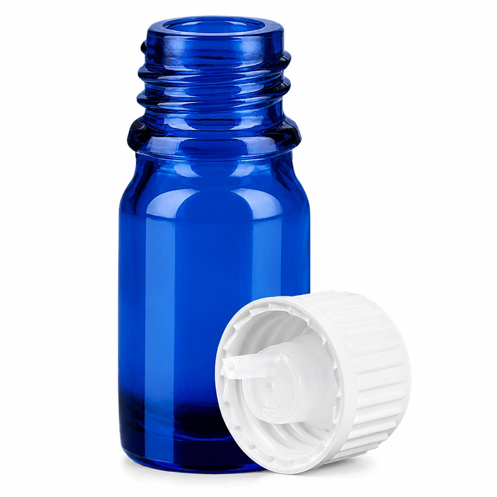 Flacone in vetro di alta qualità da 5 ml, blu, con sistema di gocciolamento per un dosaggio preciso del liquido.
