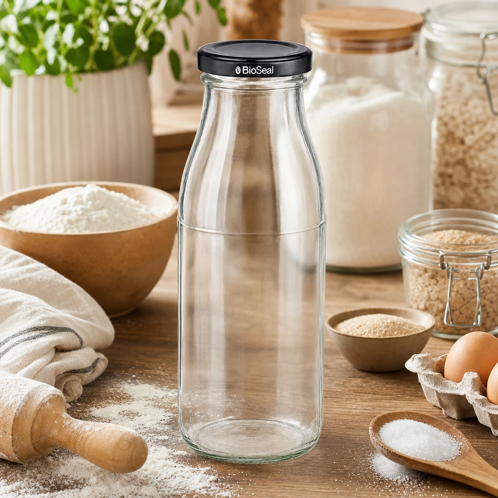 500ml Glasflasche + BioSeal Deckel schwarz UNiTWIST 500ml Glasflasche mit BioSeal Deckel in rustikaler Küche zwischen Backzutaten Mehl und Eiern für Kochbegeisterte
