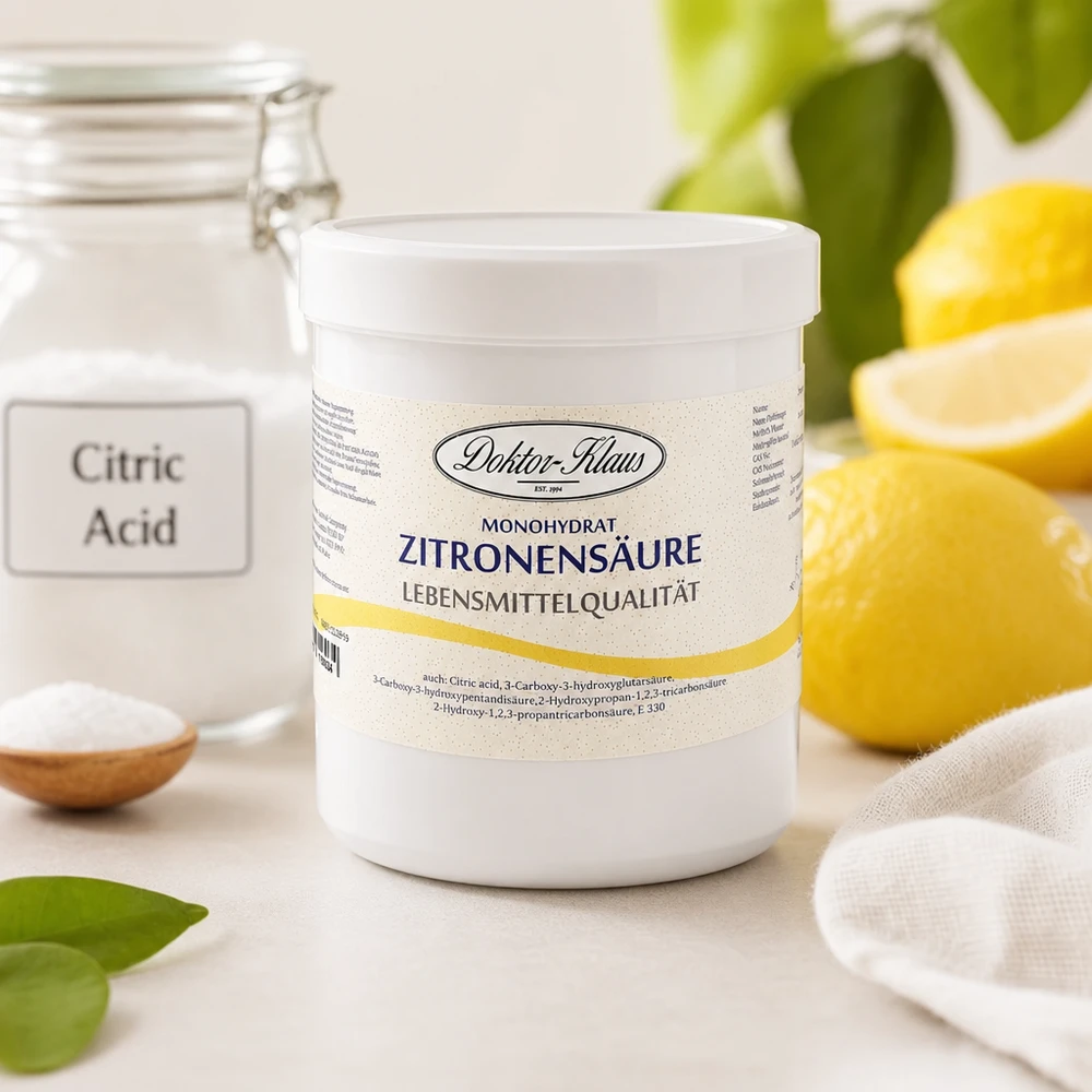 500g di acido citrico Doktor-Klaus Acido citrico monoidrato 500g Doktor-Klaus per uso alimentare con limoni naturali sullo sfondo