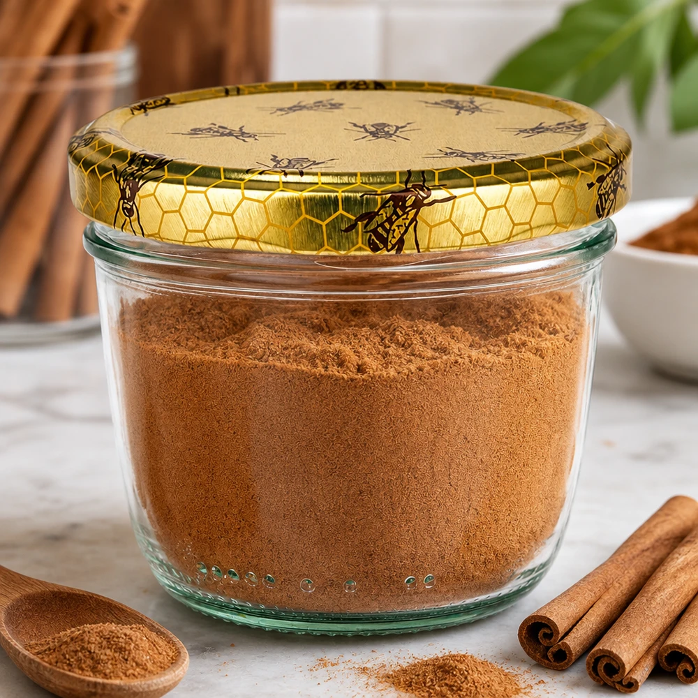 230ml Sturzglas + BasicSeal Deckel Bienenwabe UNiTWIST 230ml Sturzglas mit Bienenwaben-Deckel gefüllt mit Zimt Pulver neben Zimtstangen als Gewürzaufbewahrung