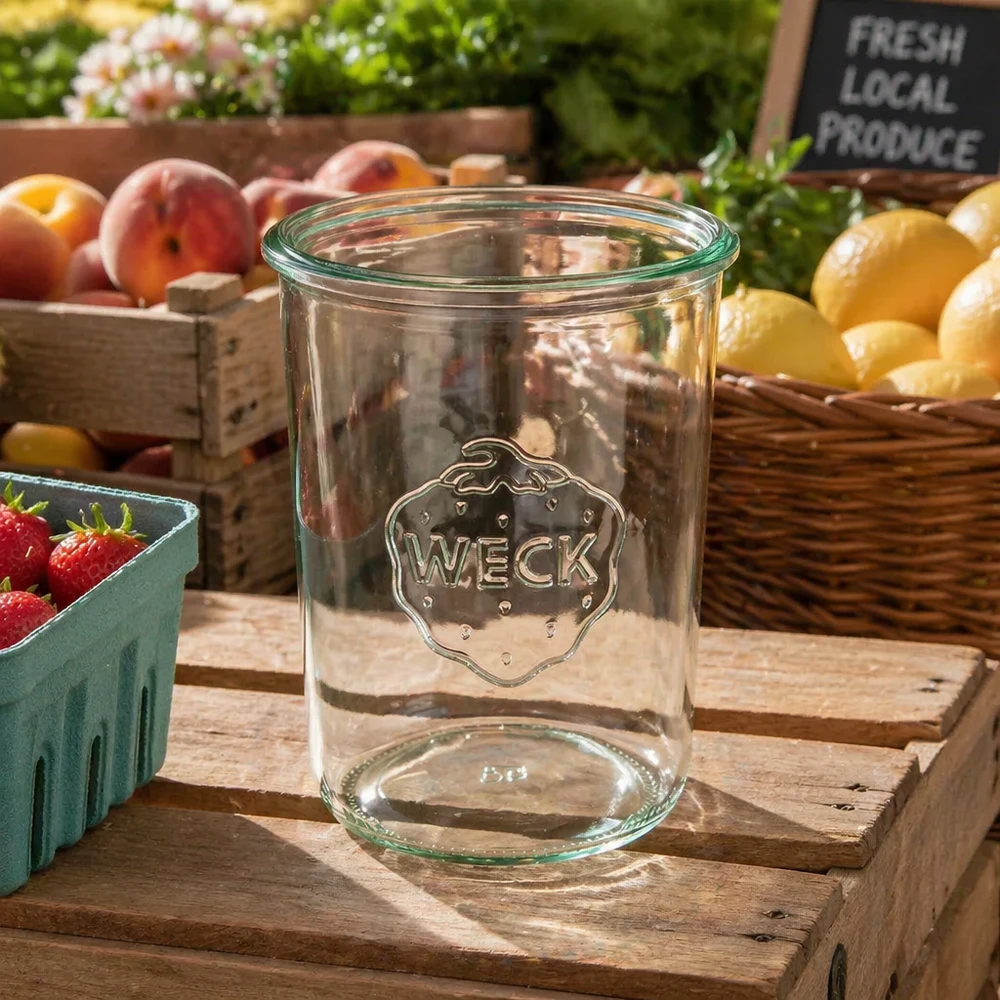 850ml WECK Sturzglas RR100 aus klarem Glas mit Logo auf Holzkiste zwischen frischem Obst und Gemüse