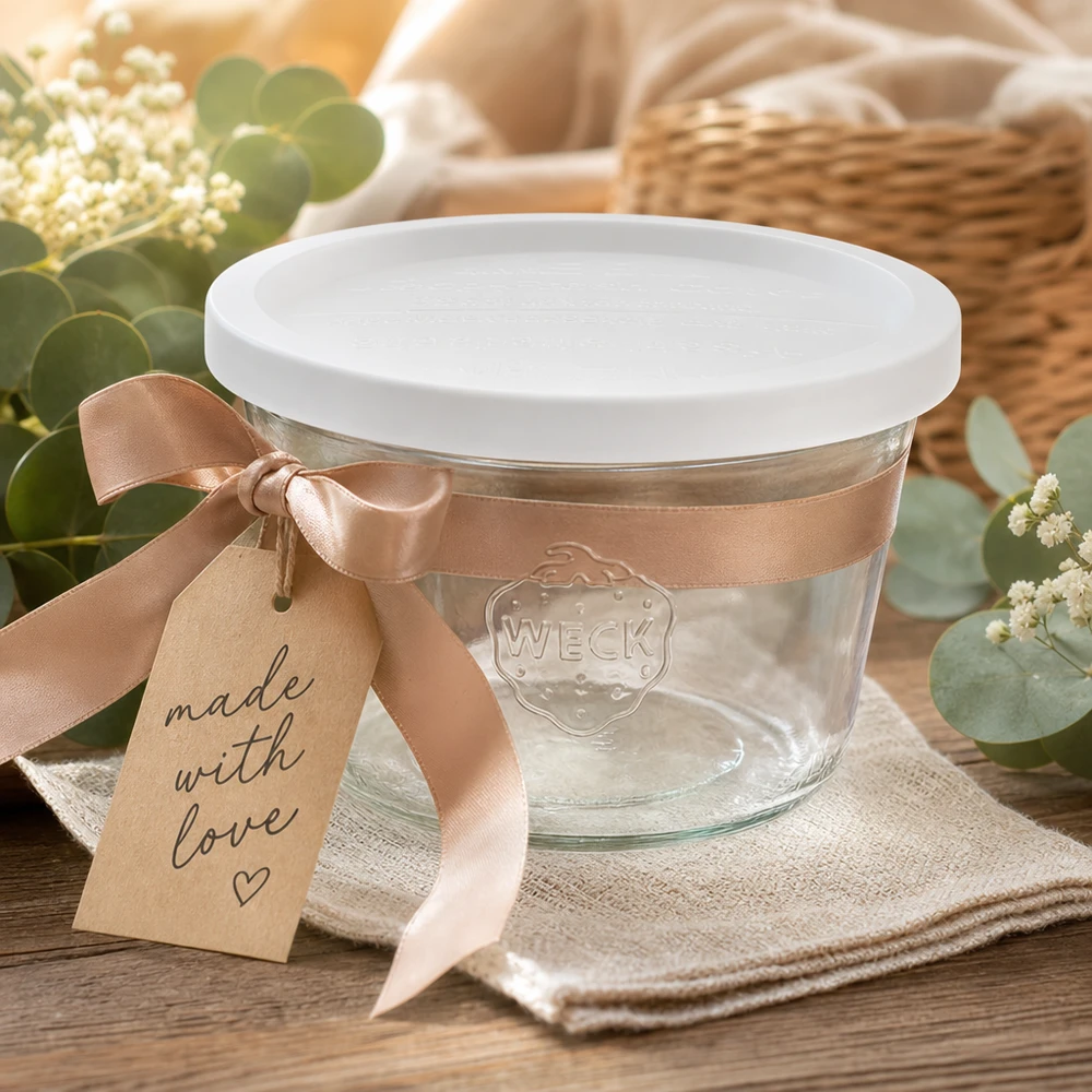 Bocal en verre de 370 ml avec couvercle hermétique WECK RR100 WECK Sturzglas 370ml RR100 dekorativ präsentiert mit Schleife und Geschenkanhänger Made with Love auf Holztisch