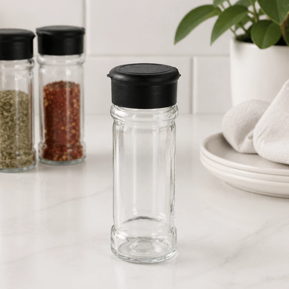 Pot à sel/épices 100 ml avec saupoudreuse, noir Kompaktes 100ml Gewürzglas mit Streufunktion und schwarzem Deckel für die Küche