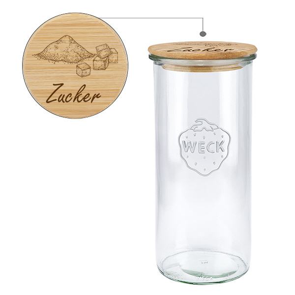 Holzdeckelset "Zucker" mit WECK Sturzglas 1500ml Holzdeckelset "Zucker" mit WECK Sturzglas 1500ml