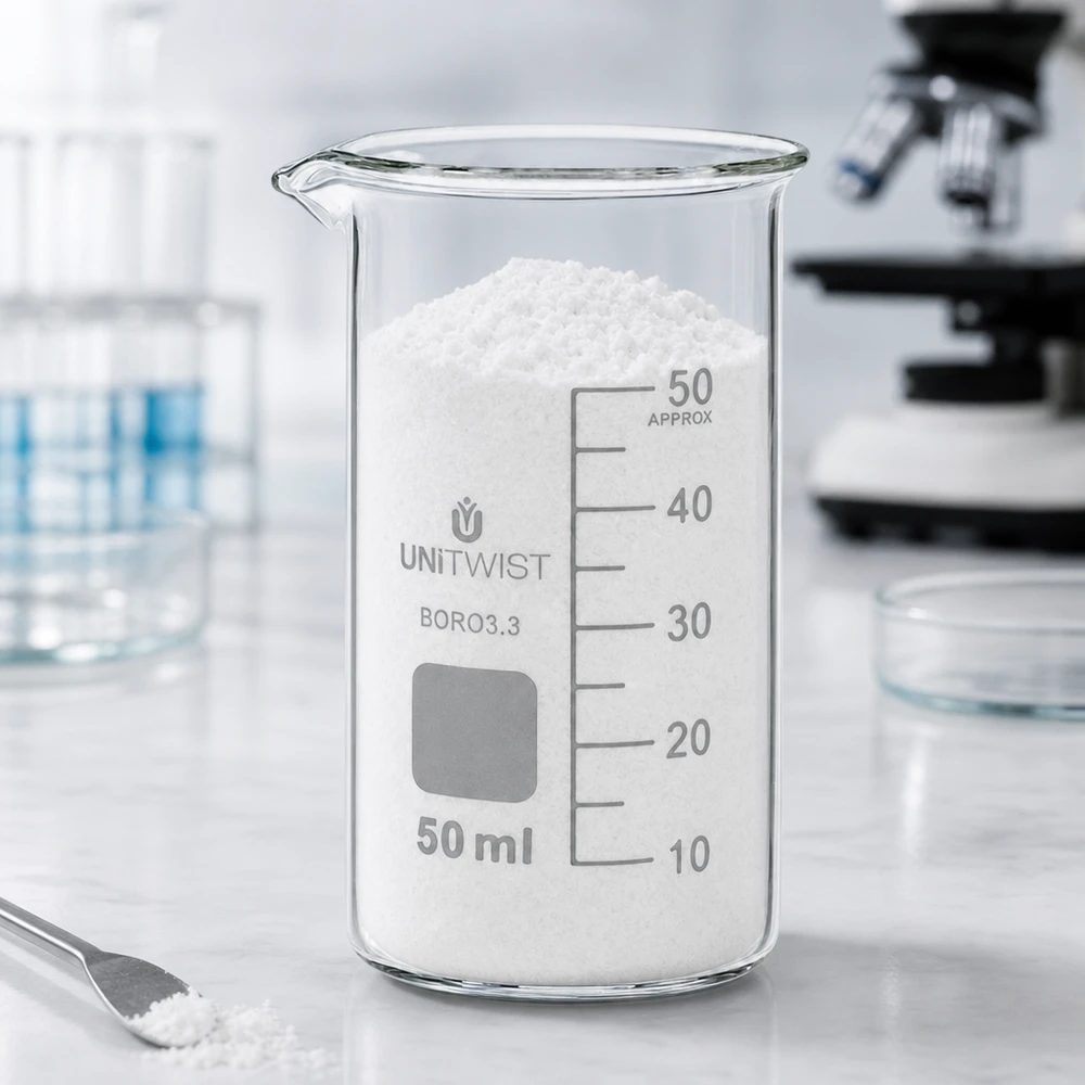 Bicchiere 50ml borosilicato, stampo alto UNITWIST UNITWIST: becher da 50 ml, forma alta, in vetro borosilicato, riempito con polvere bianca in laboratorio
