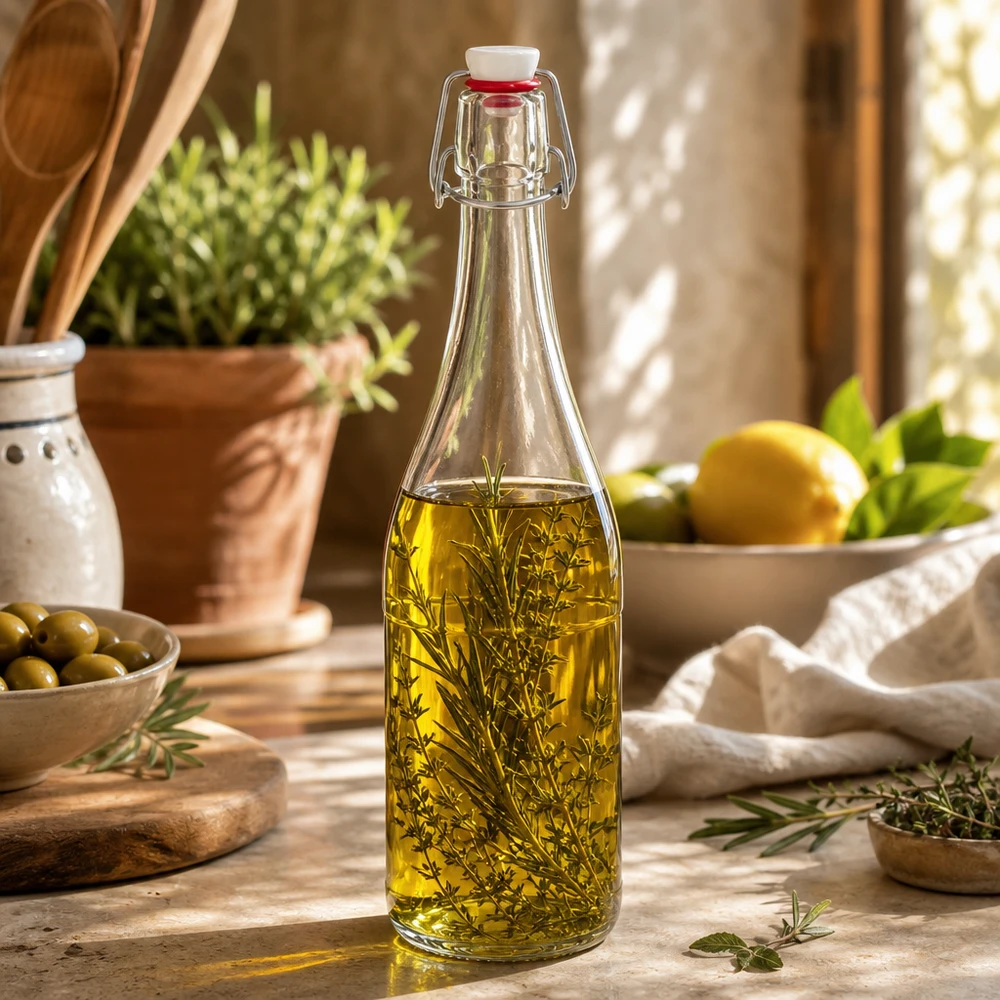 Bottiglia di vetro da 750 ml con tappo oscillante riempito di olio alle erbe Esempio di applicazione Cucina Mediterraneo decorativo