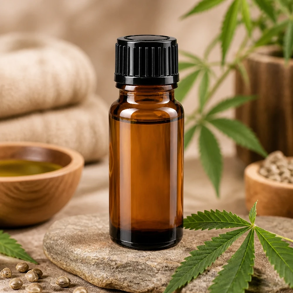 Flacone contagocce marrone da 10ml STD nero/1mm ApoGlas Flacone da 10 ml in vetro ambrato con tappo contagocce nero accanto a foglie di cannabis e semi di canapa