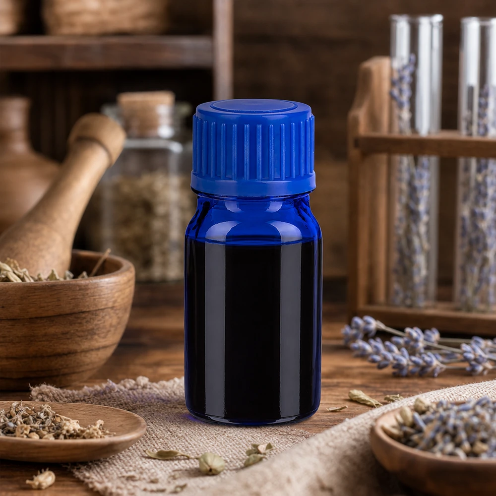 Flacone farmaceutico da 5 ml in vetro blu cobalto con chiusura ermetica per evitare la perdita di aroma.