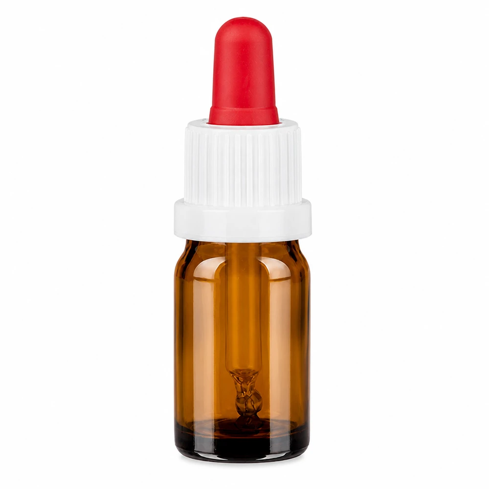 Flacone con pipetta da 5 ml in vetro ambrato con tappo bianco e pipetta rossa per un dosaggio preciso