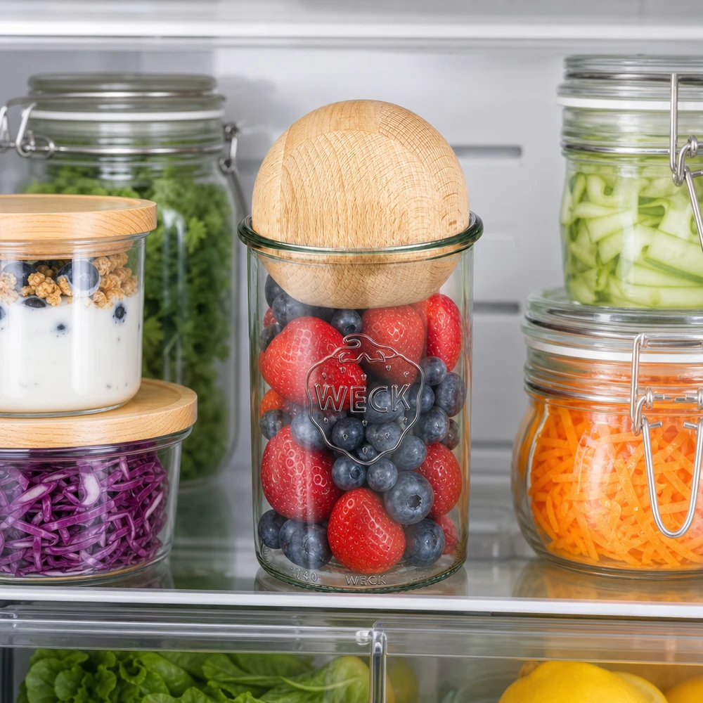 WECK Sturzglas 1000ml RR100 im Kühlschrank mit Beeren gefüllt, Holzkugel-Deckel Buche, Meal Prep Aufbewahrung