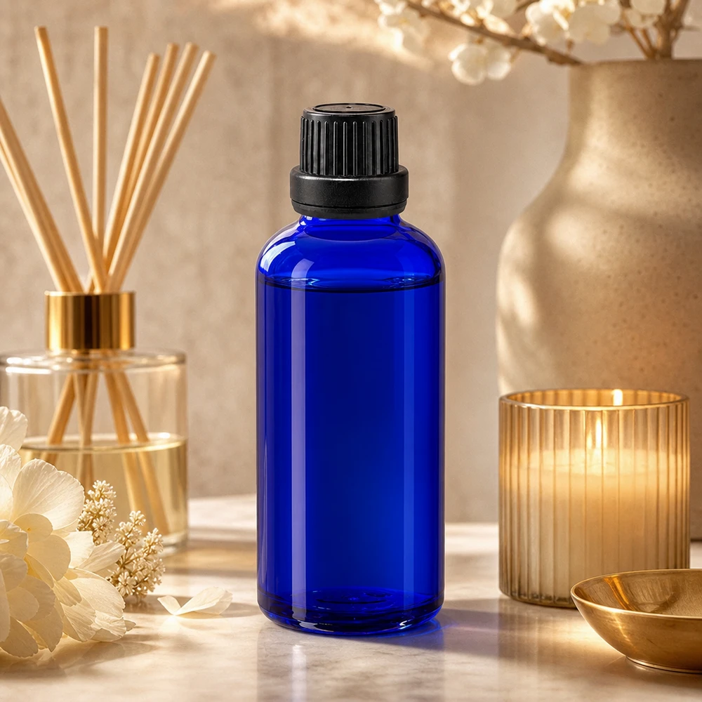 Flacon compte-gouttes bleu de 50 ml avec embout doseur de 2 mm et bouchon noir, posé sur un socle en marbre, dans une ambiance de parfum d'ambiance