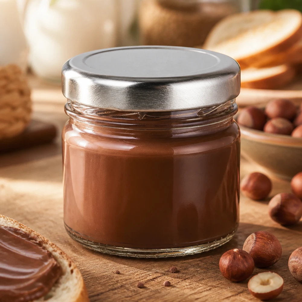 Kleines Portionsglas 33ml mit silbernem Schraubdeckel und cremiger Schokoladenfüllung