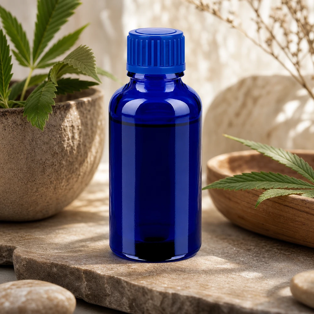 Il flacone da 30 ml in blu cobalto, resistente ai raggi UV, protegge in modo affidabile i contenuti sensibili alla luce.