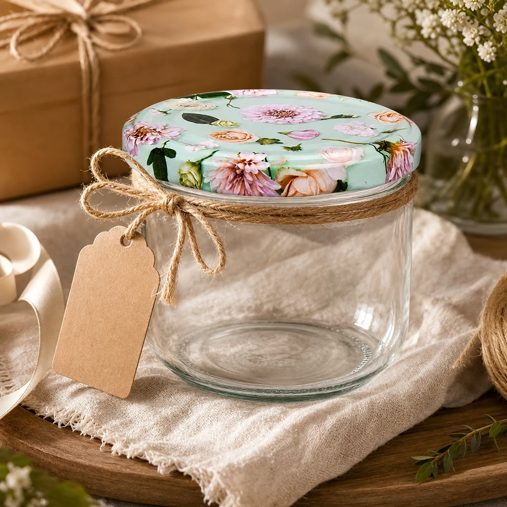 260ml Sturzglas + BasicSeal Deckel Blume mint UNiTWIST Dekoriertes 260ml Sturzglas mit BasicSeal Blumendeckel mint, Juteschnur, Geschenkanhänger auf Leinentuch