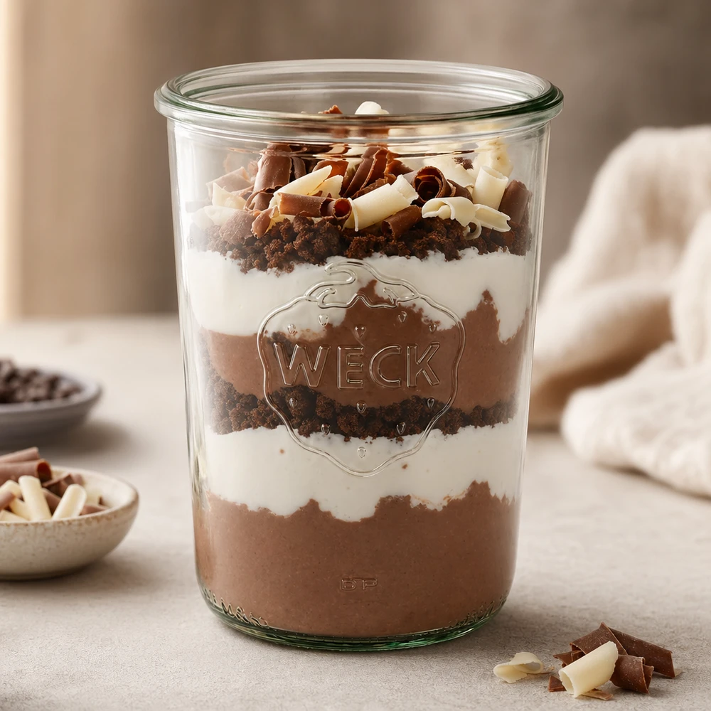 Bicchieri da 850 ml WECK RR100 Bicchieri WECK RR100 da 850 ml riempiti con un dessert a strati di mousse al cioccolato, crema e briciole di biscotto
