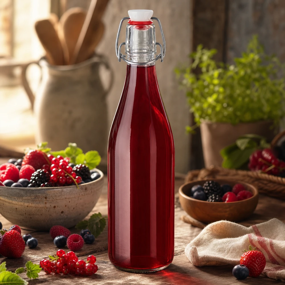 Bottiglia di vetro da 500 ml + tappo a battente in PVC UNiTWIST 500ml Glasflasche Bügelverschluss mit rotem Beerensaft gefüllt Fruchtsäfte Smoothies selbstgemacht Küchendeko