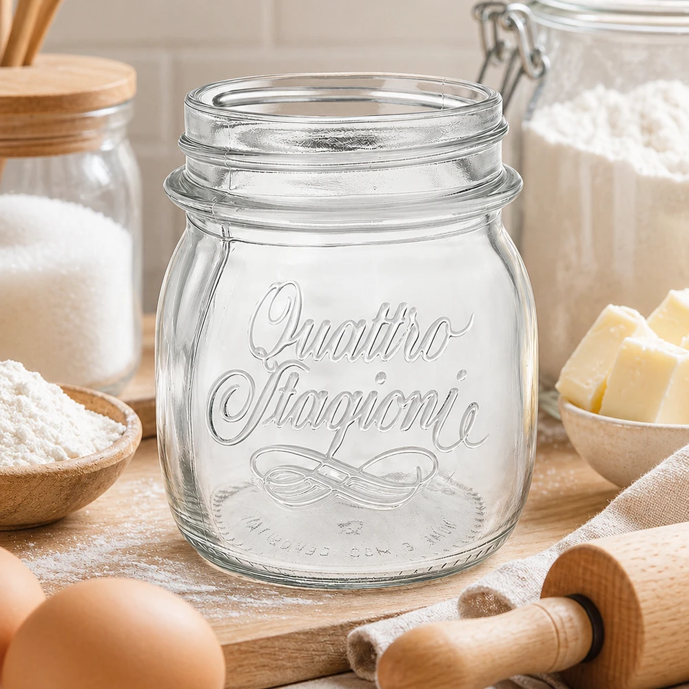 Barattolo da 250ml Quattro Stagioni per conserve con emblema su tavolo in legno con utensili da cucina e ingredienti