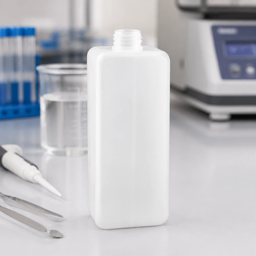 Flacon à produits chimiques 1000 ml à col étroit, PEHD couleur naturelle, GL 32 Bouteille à col étroit en PE-HD blanc translucide de 1 000 ml, bouchon GL 32, avec des tubes à essai et du matériel de laboratoire en arrière-plan