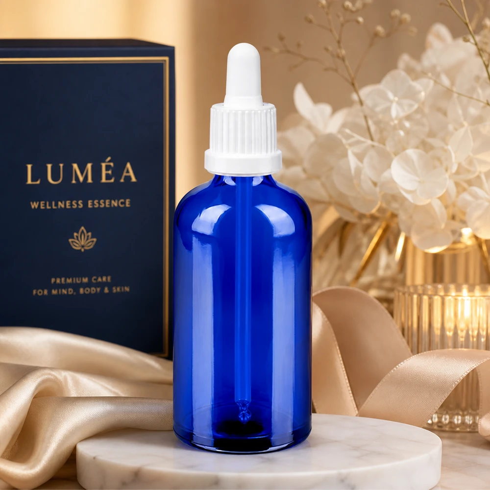 100ml Pipettenflasche weiß Originalitätsverschluss BlueLine UT18/100 Klassische 100ml Tropfflasche in Kobaltblau mit weißer Pipette für medizinische und kosmetische Anwendung