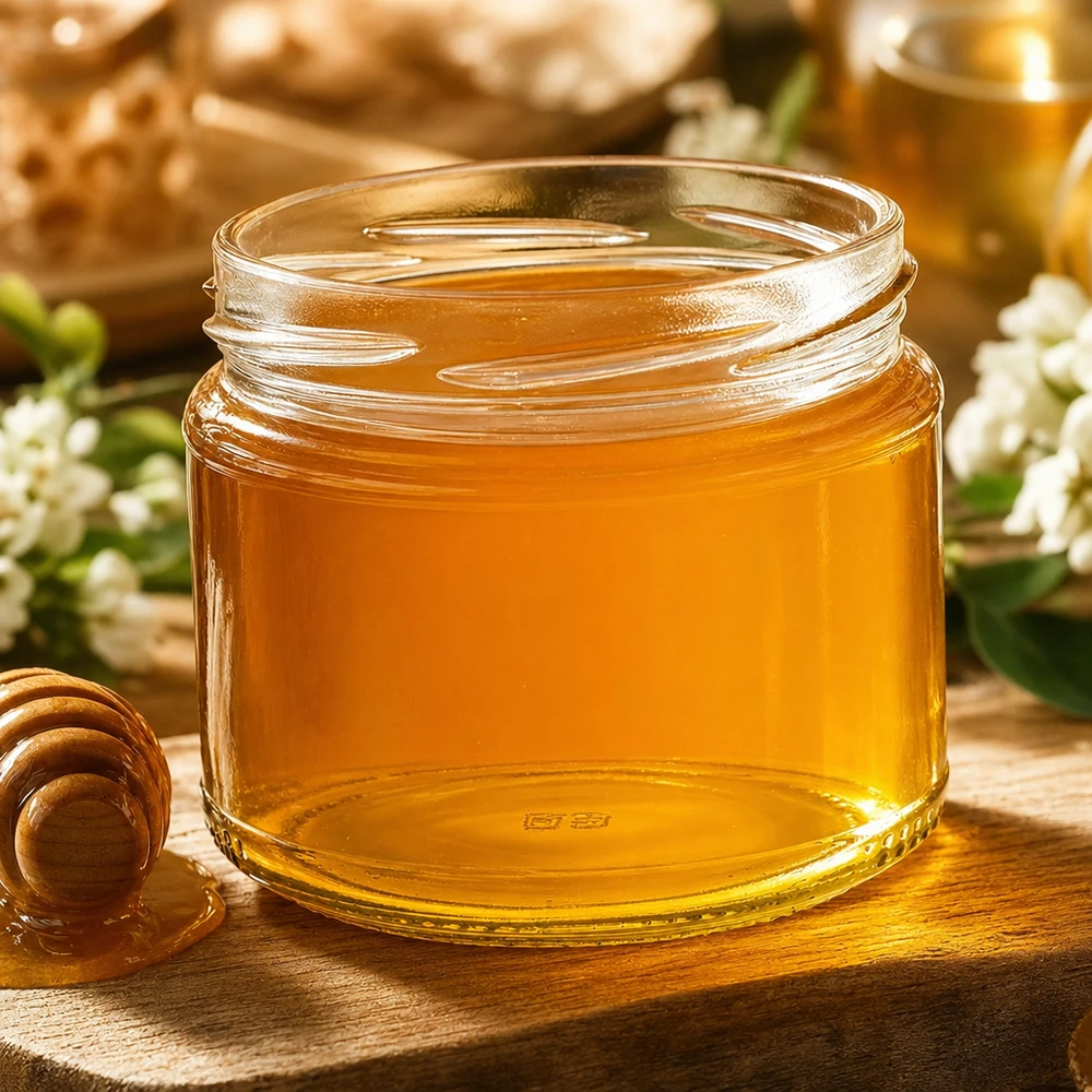 UNiTWIST Runda330 Rundglas mit goldenem Honig gefüllt neben Honiglöffel und weißen Blüten auf Holztisch