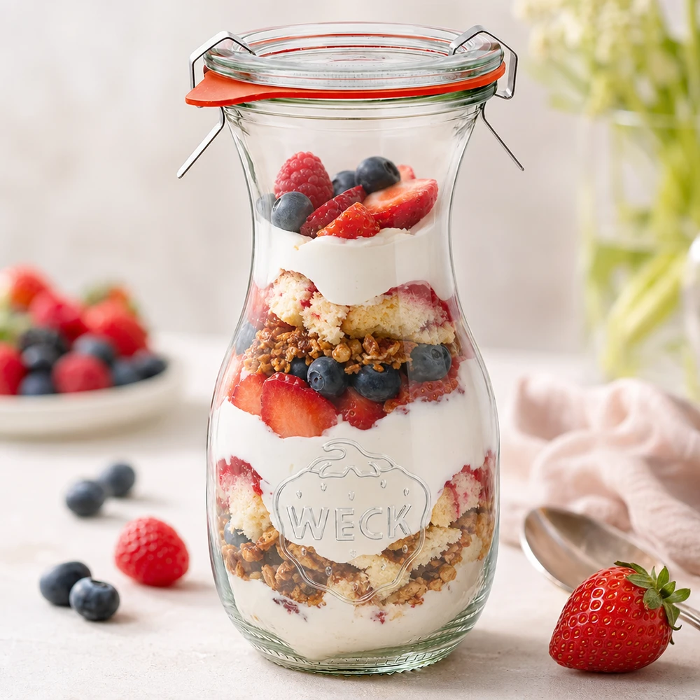Bottiglia per succhi da 290 ml, set completo WECK RR60 Bottiglia di succo WECK 290ml RR60 con dessert a strati di yogurt, frutti di bosco e granola come idea creativa di utilizzo
