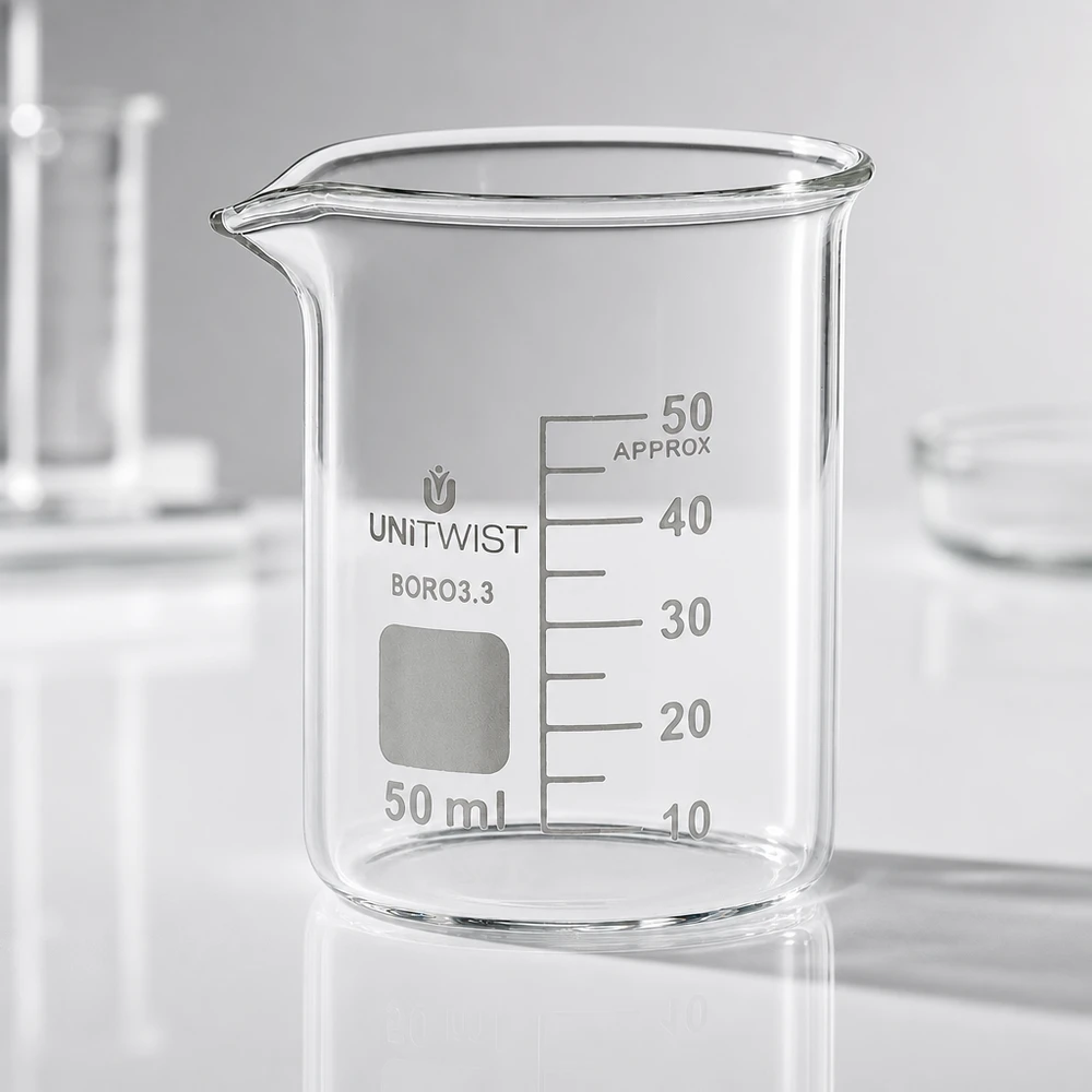 Bicchiere da 50 ml in borosilicato, a basso stampo UNiTWIST Bicchiere di vetro trasparente vuoto da 50 ml, forma bassa, UNiTWIST BORO 3.3 su un piano di lavoro bianco da laboratorio