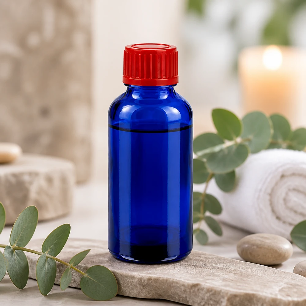 Pratico flacone da 30 ml in vetro ambrato alternativo in blu per l'uso in mobilità e in viaggio